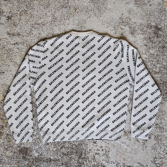 Balenciaga L XL White Chalk All Over Mini Logo Print Knit Sweater Wool Cotton IT - Picture 9 of 16